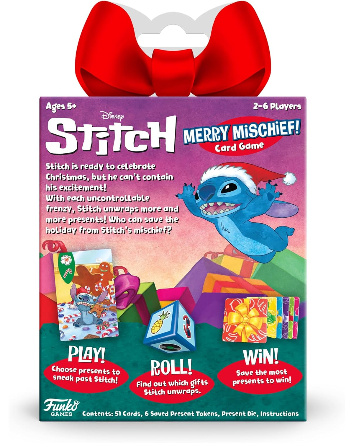 Stitch Merry Mischief Kartenspiel-Box mit Stitch mit Weihnachtsmannmütze, der Geschenke auspackt.