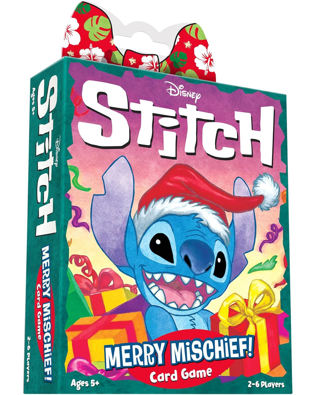 Stitch mit Weihnachtsmütze, umgeben von Geschenken. Spiel "Merry Mischief!"