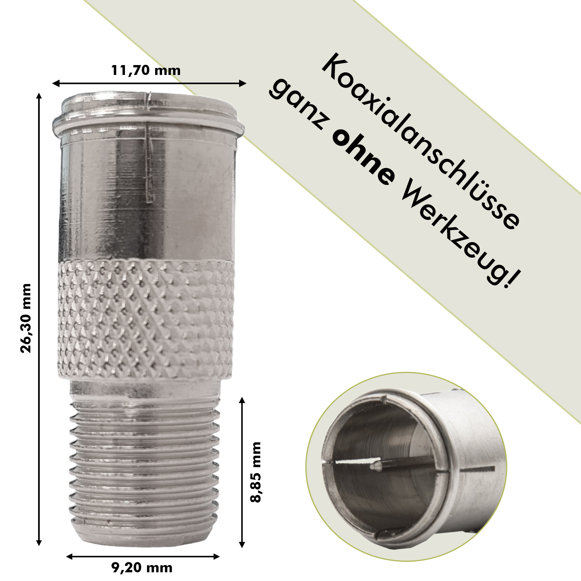 Ein silberner Koaxialstecker mit Maßen und einem Detailbild.