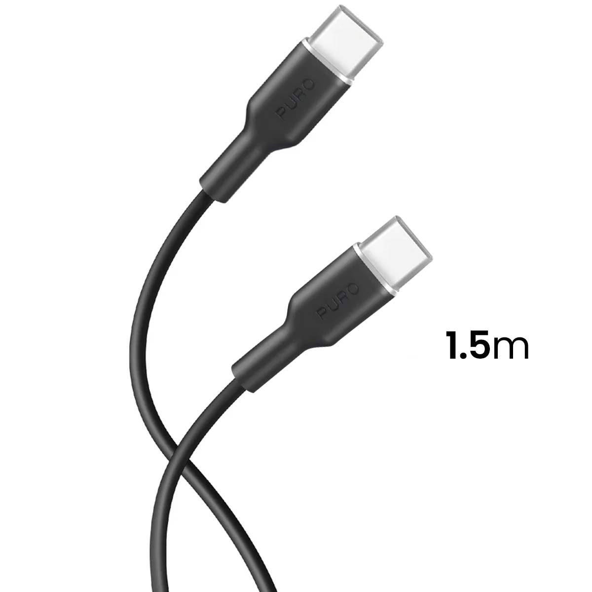 Due cavi USB-C neri, lunghi 1,5 m, su sfondo bianco.