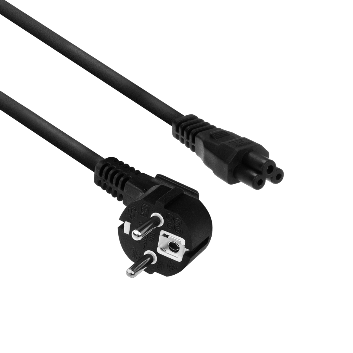 Schwarzes Stromkabel mit einem EU-Stecker und einem dreipoligen Stecker.