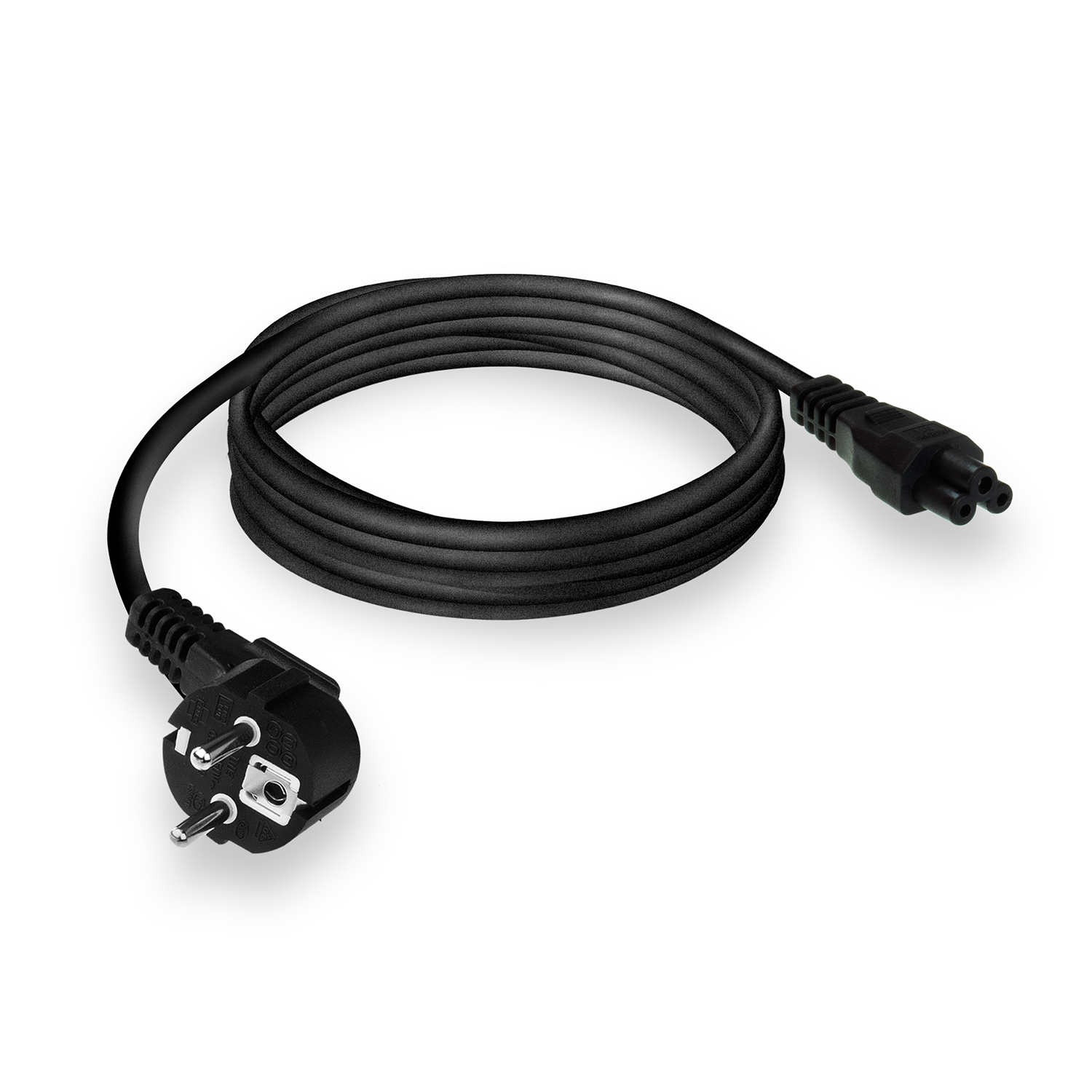 Schwarzes Stromkabel mit Eurostecker und C5-Stecker auf weißem Grund.