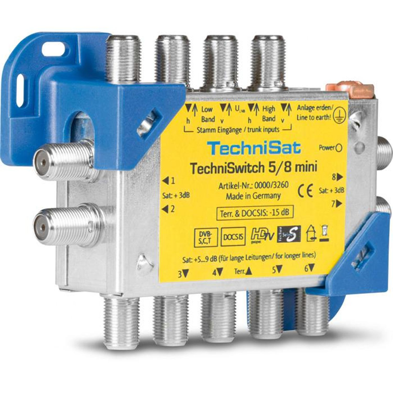 TechniSat TechniSwitch 5/8 mini Satellitenverteiler mit blauen Halterungen und silbernen Anschlüssen.