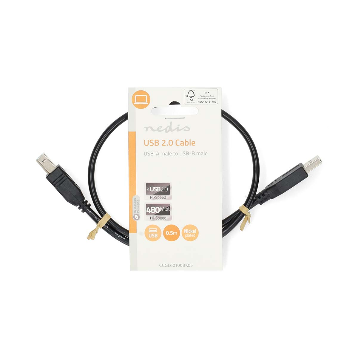 Nedis USB 2.0 Kabel, USB-A auf USB-B, 0,5m, schwarz.