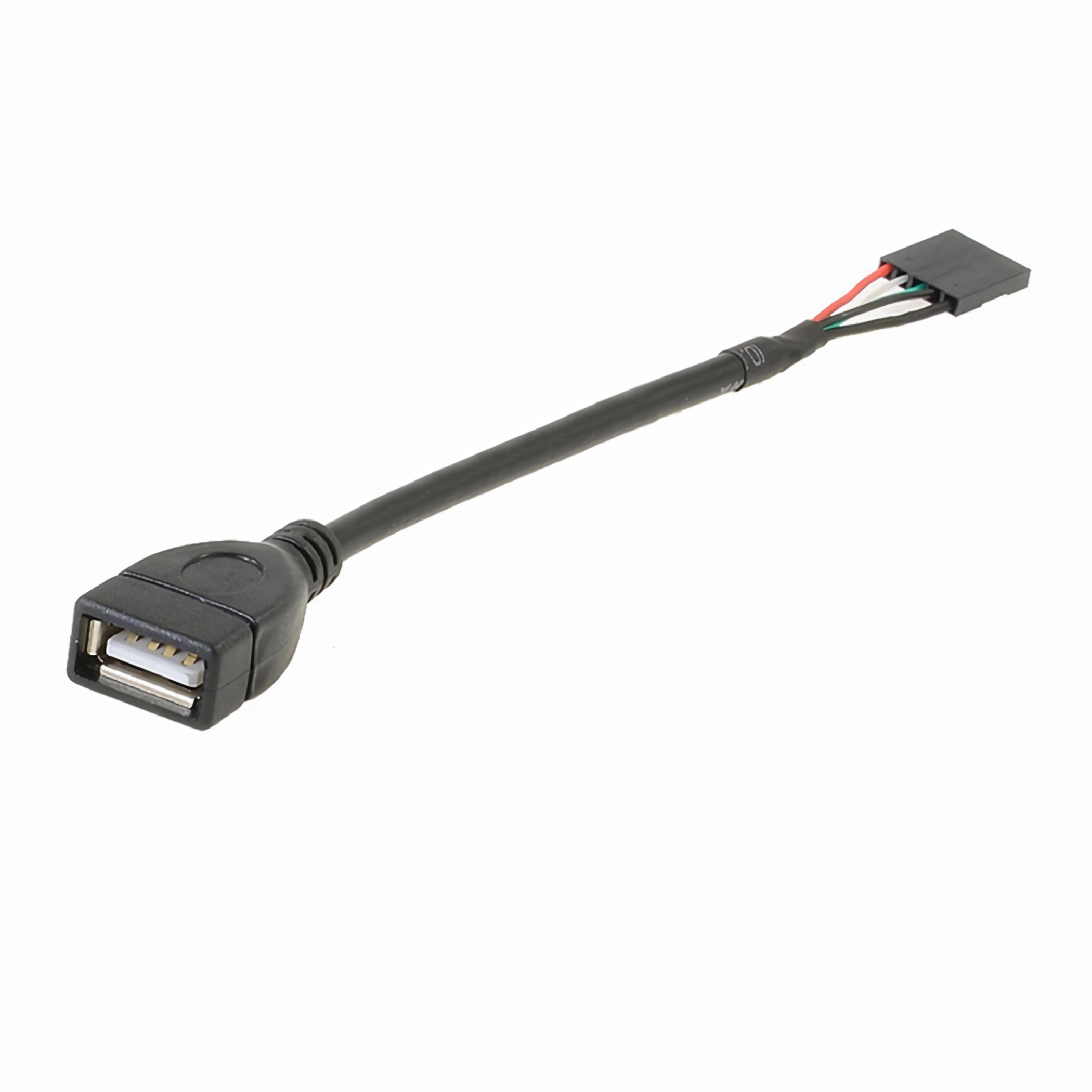 Schwarzes USB-Kabel mit weiblichem Stecker und anderem Ende mit vier farbigen Drähten.