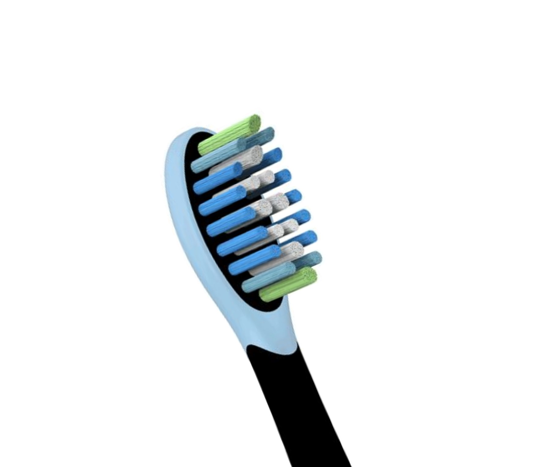 Ein heller blauer Zahnbürstenkopf mit blauen, grauen und grünen Borsten.