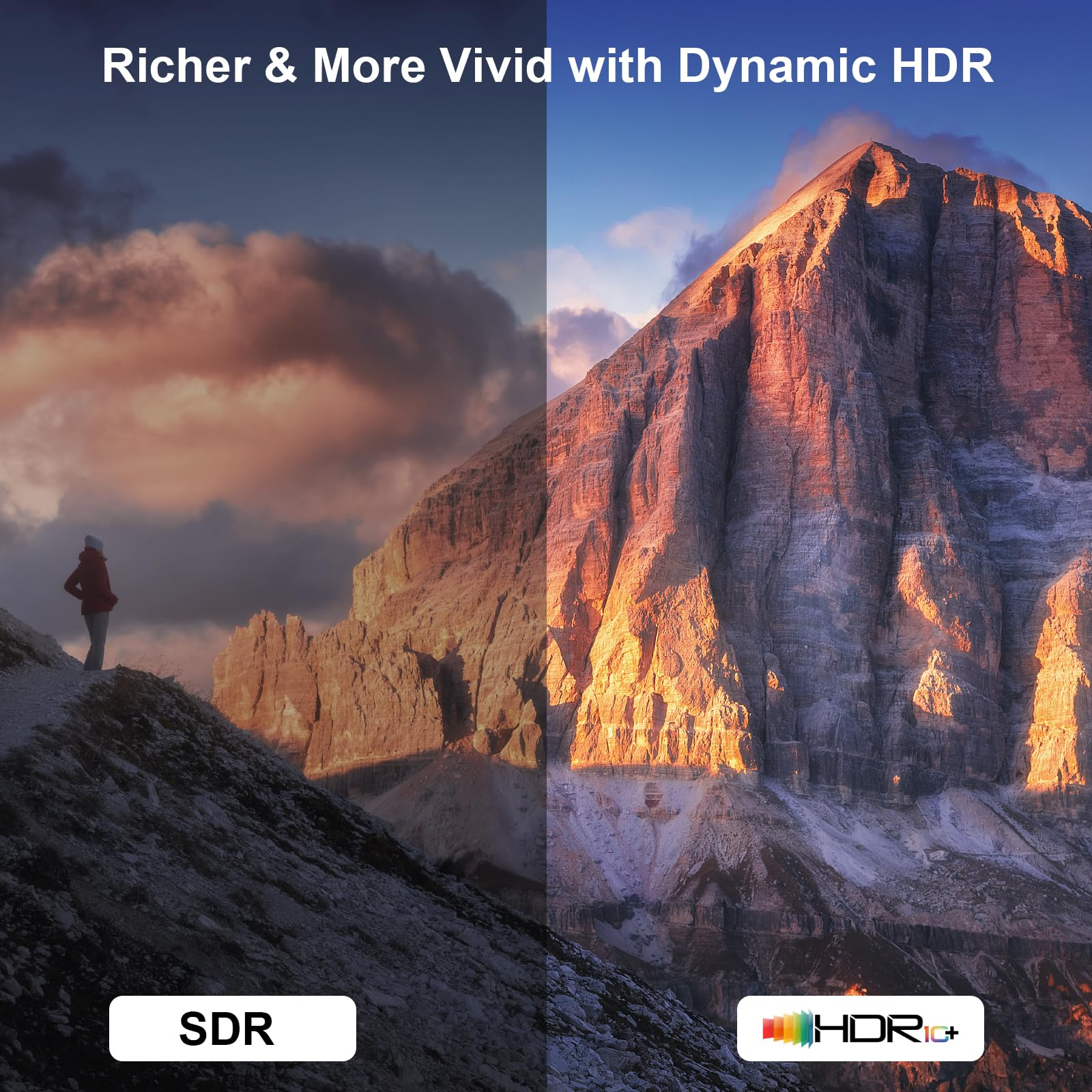 SDR vs HDR-Berglandschaft mit Wanderer. SDR ist dunkler, HDR ist lebendiger.
