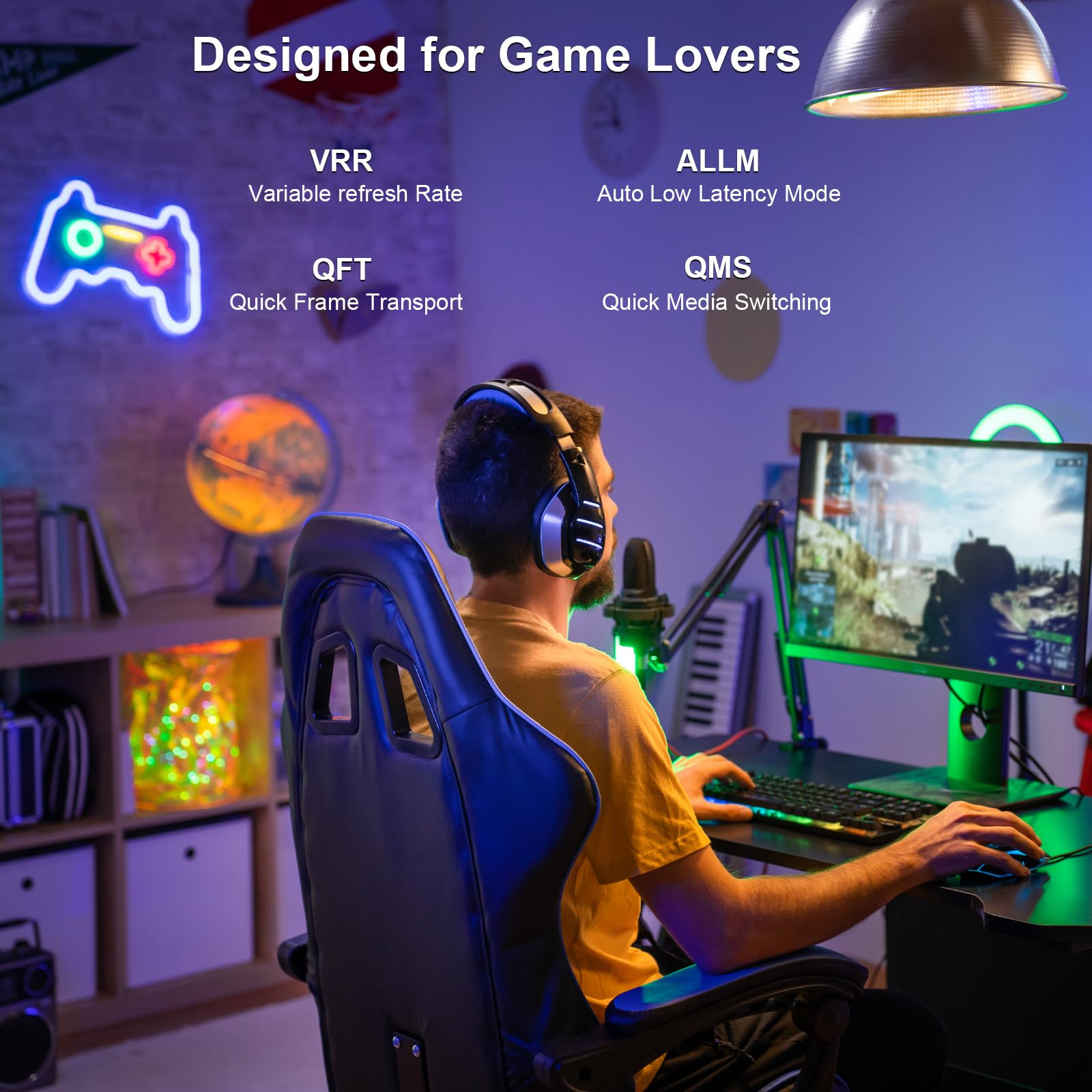 Ein Spieler sitzt in einem Gaming-Stuhl vor einem Computer mit Neonlichtern.