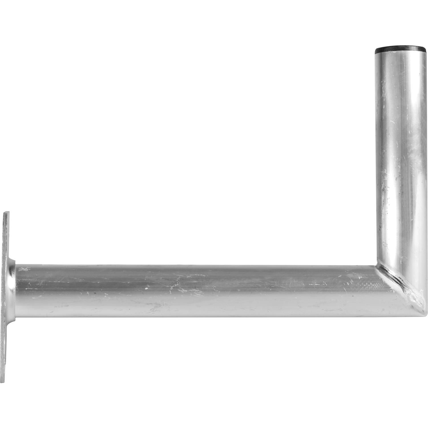 Ein silberner L-förmiger Metallarm mit einer runden Basis und schwarzer Kappe.