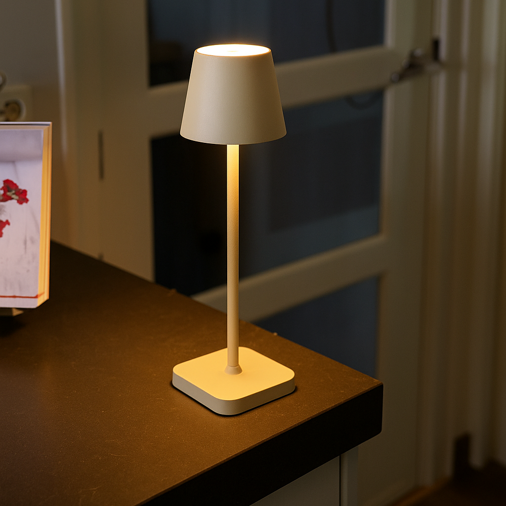 Een beige draadloze lamp met conische kap staat op een donker oppervlak.