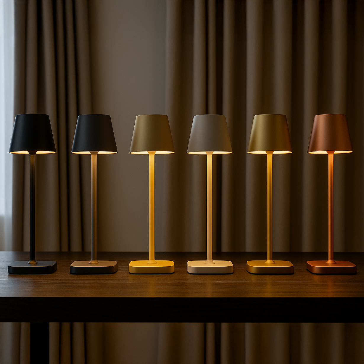 Zes moderne tafellampen in diverse kleuren staan op een houten tafel.