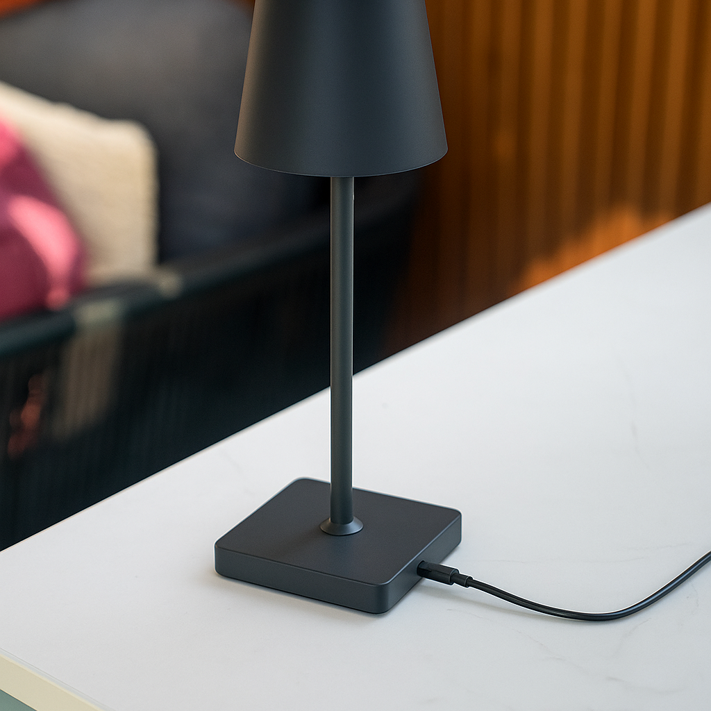 Een zwarte tafellamp met een vierkante voet aangesloten op een kabel.