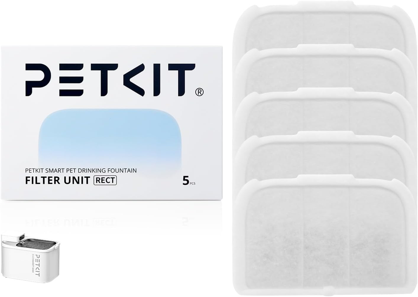 Filtro fontanella PETKIT, 5 pezzi e un modello di mini fontanella.