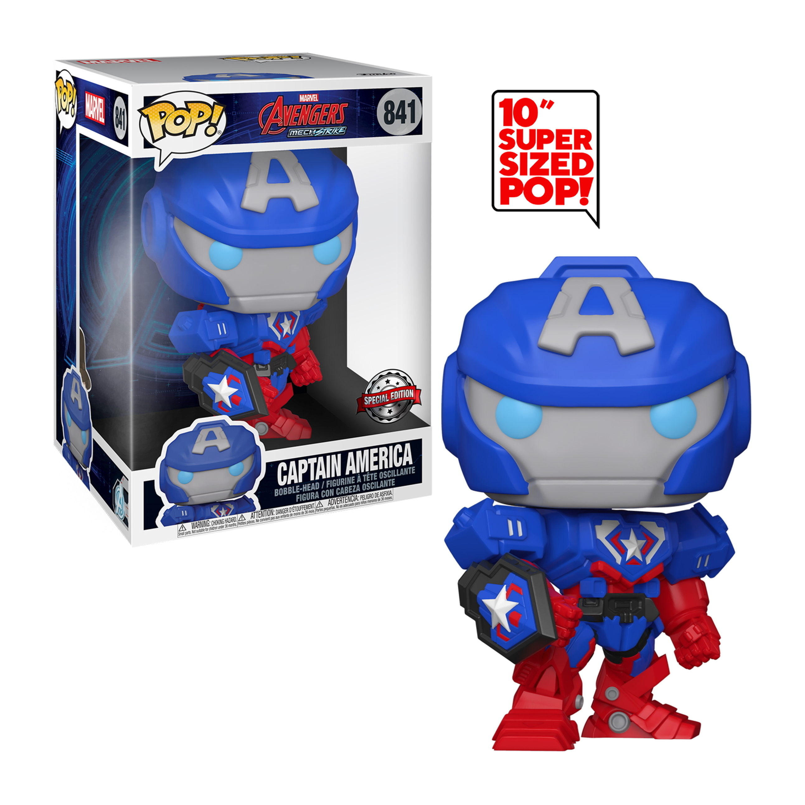 Eine blau-rote Captain America Mech-Strike-Figur mit Schild und "A"-Symbol.