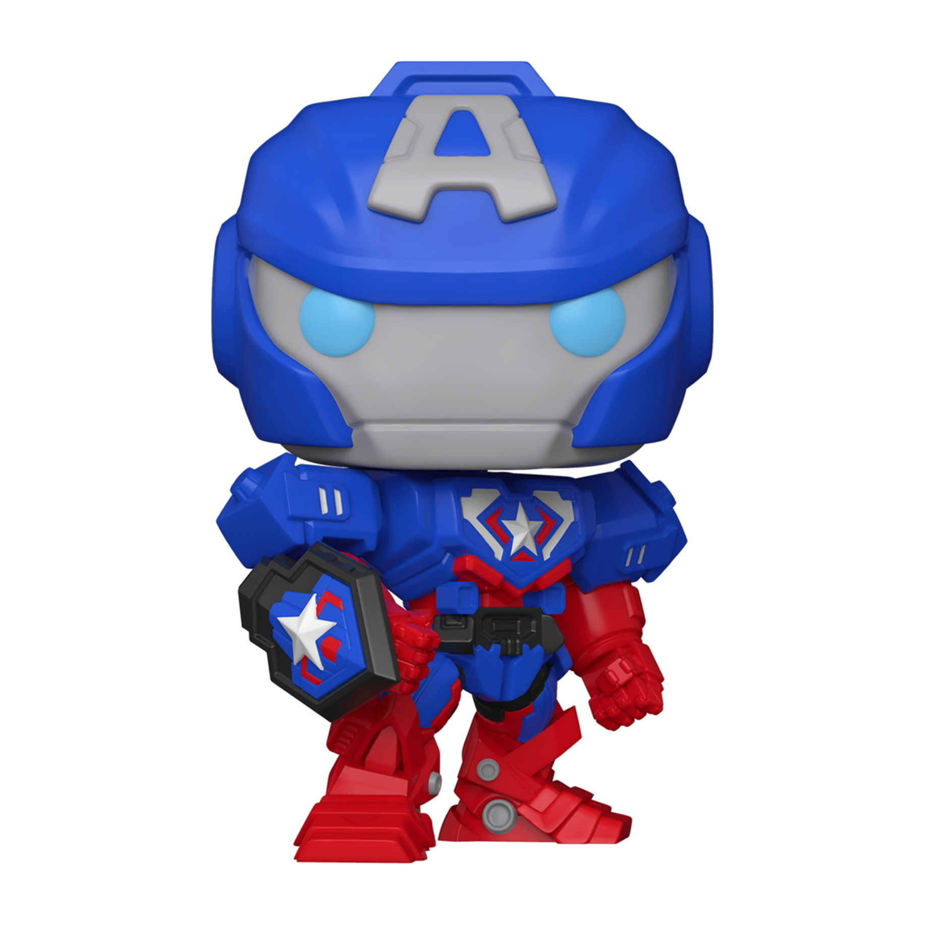 Eine blaue und rote Captain America Figur mit Schild und "A" auf der Brust.
