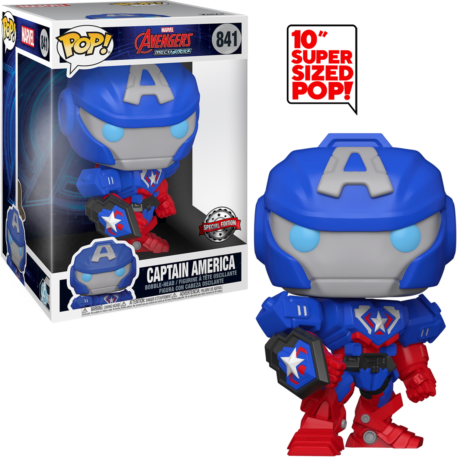 Captain America Mech Strike Funko Pop Figur in Box und freistehend. Blau, rot, grau.