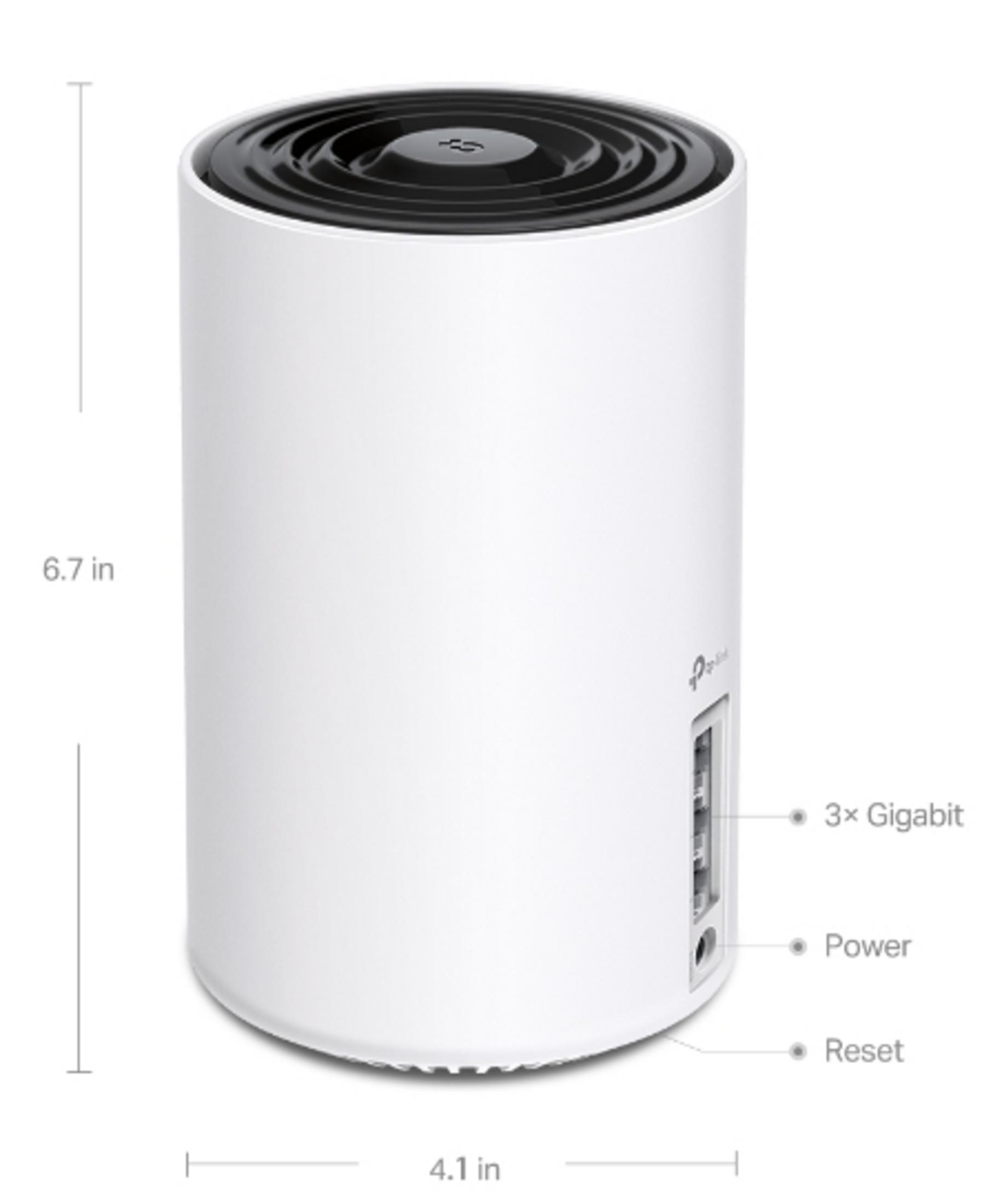 A white cylinder with a black grille top. Ports on the side.