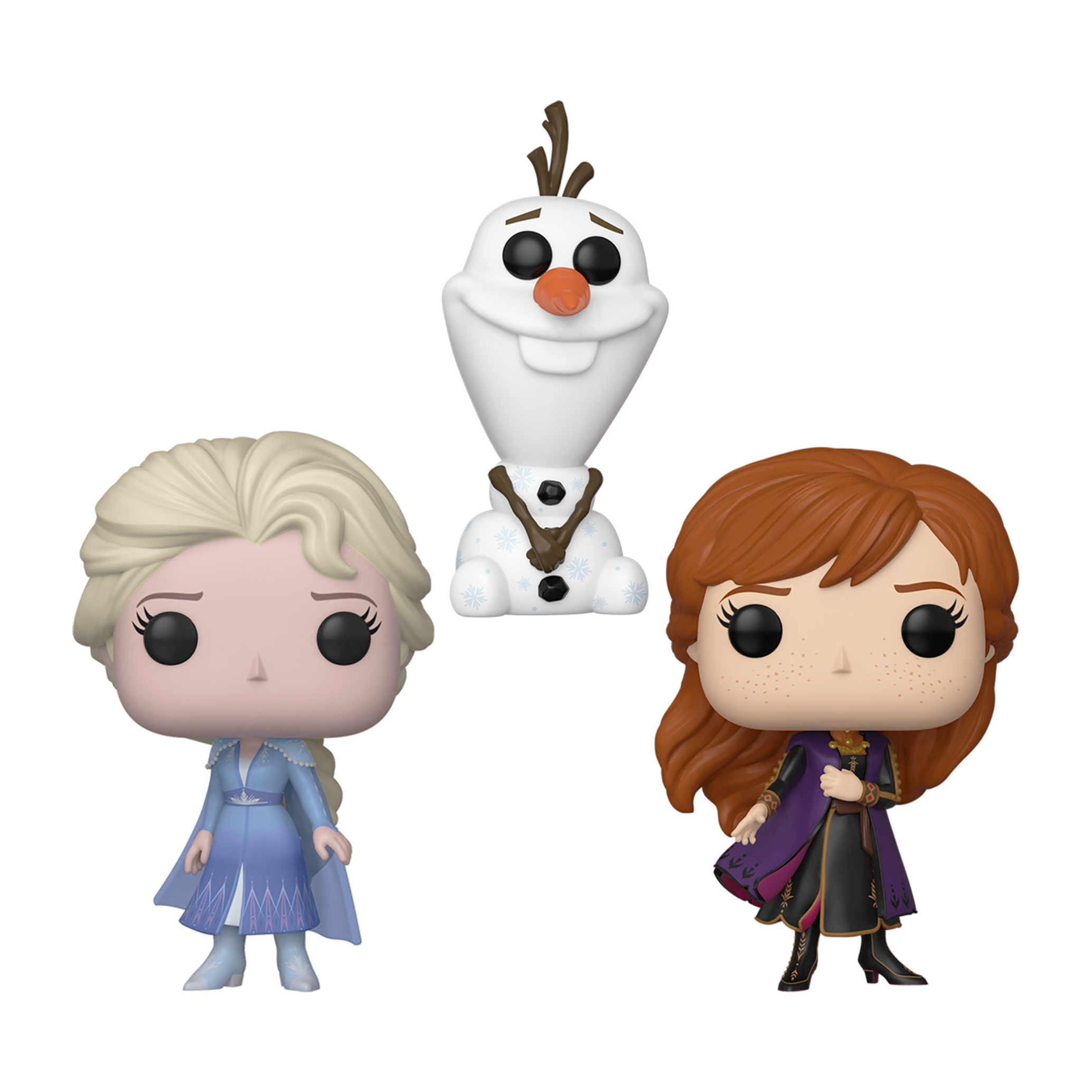 Elsa, Anna und Olaf als Funko Pop Figuren auf weißem Hintergrund.
