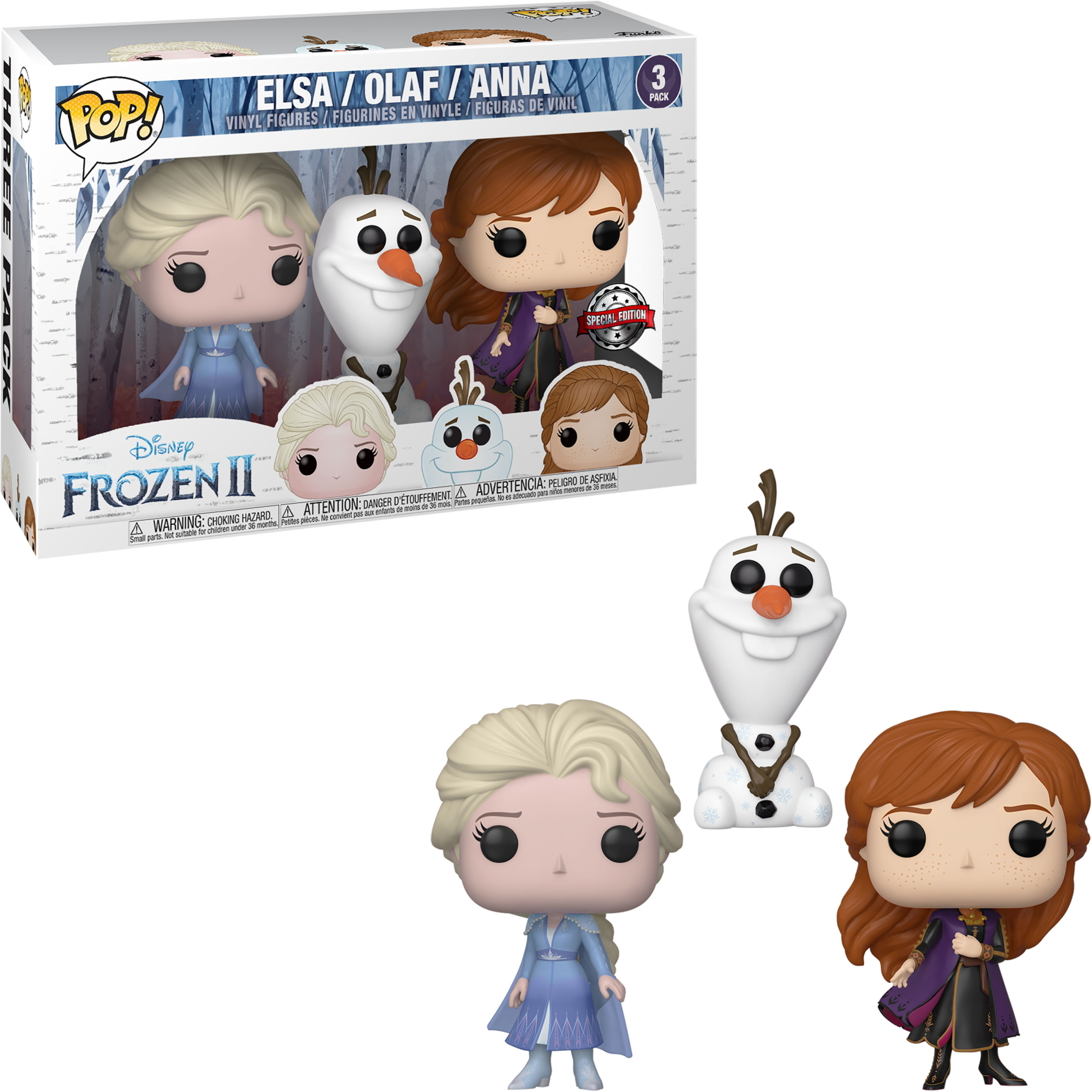 Funko Pop Figuren von Elsa, Olaf und Anna aus Disney's Frozen II.