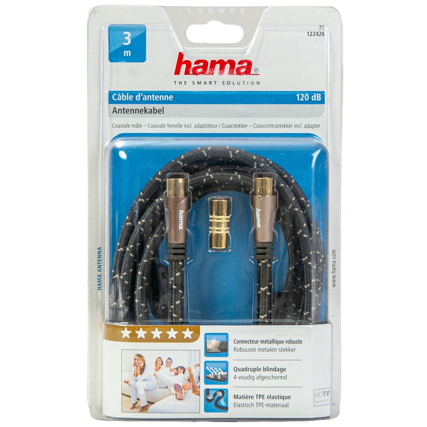 Hama Antennenkabel 3m mit robusten Steckern und 120 dB in Verpackung.