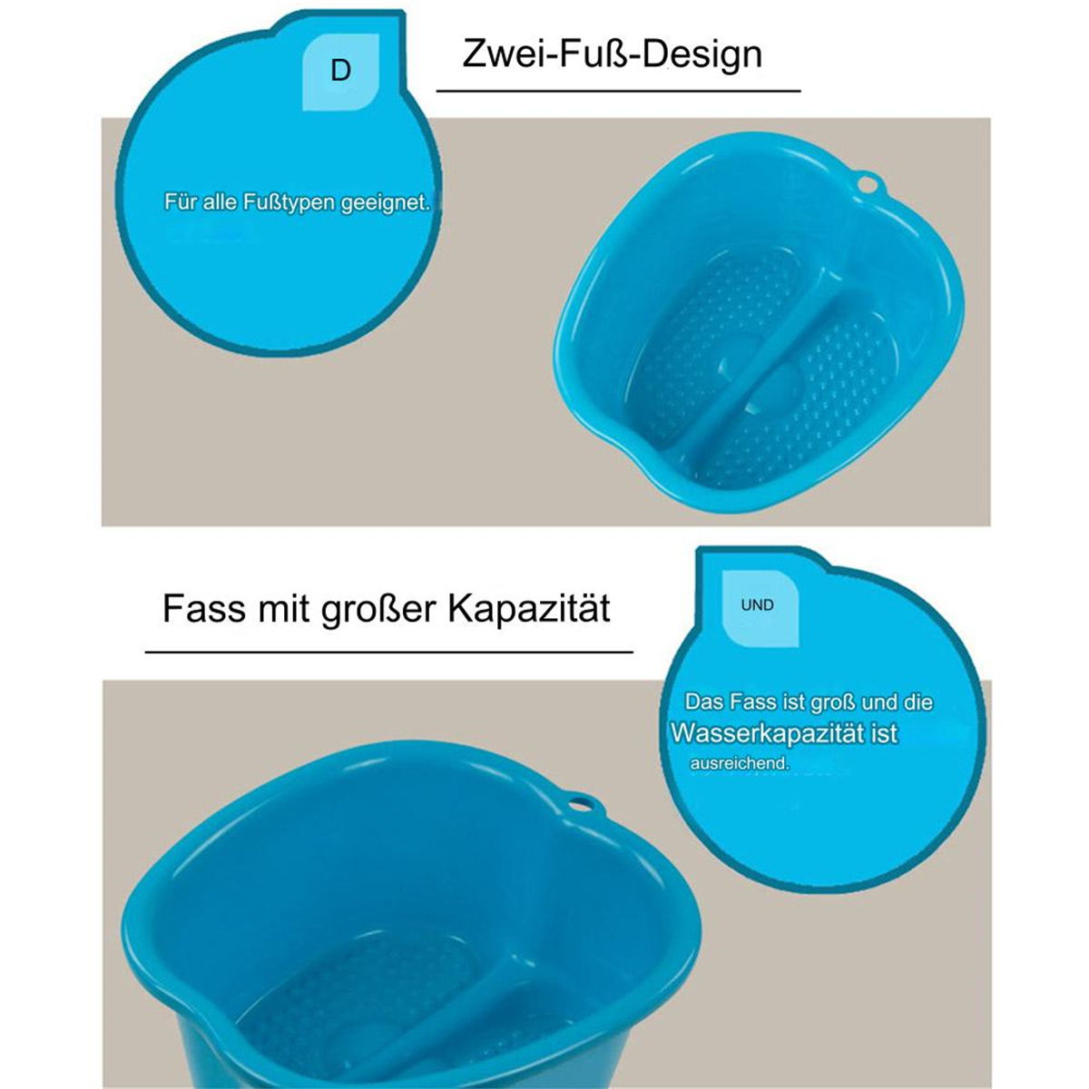Zwei blaue Fußbäder, eines mit Text. Geeignet für alle Fußtypen.