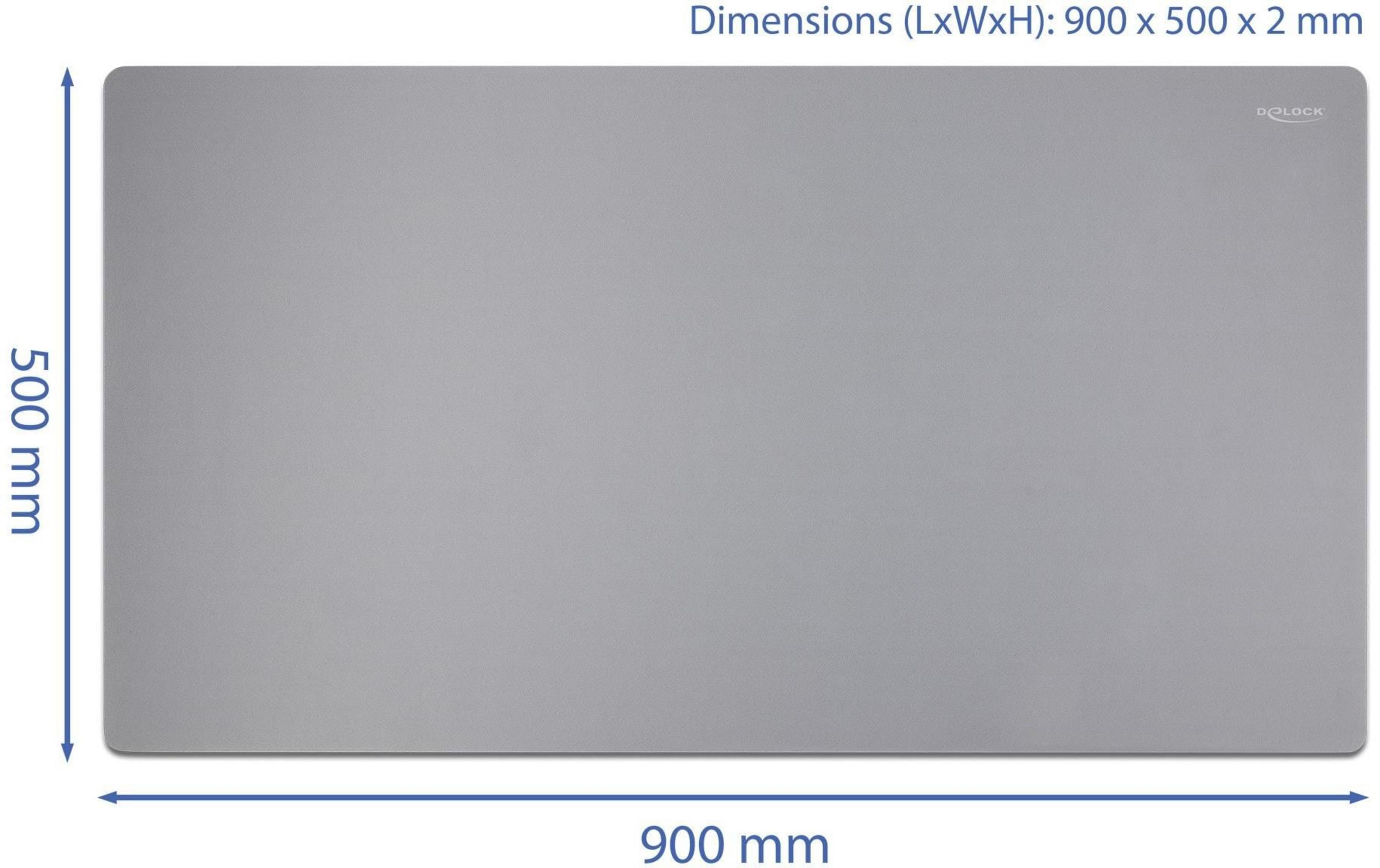 Graue Schreibtischunterlage, 900x500x2mm, mit Logo.
