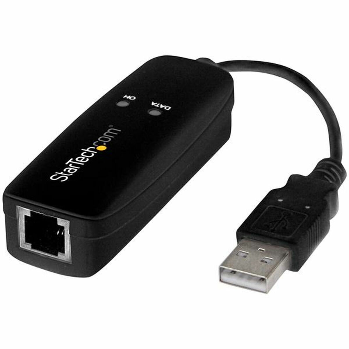Schwarzer USB-zu-Ethernet-Adapter mit StarTech.com-Logo, zwei LEDs und einem USB-Stecker.