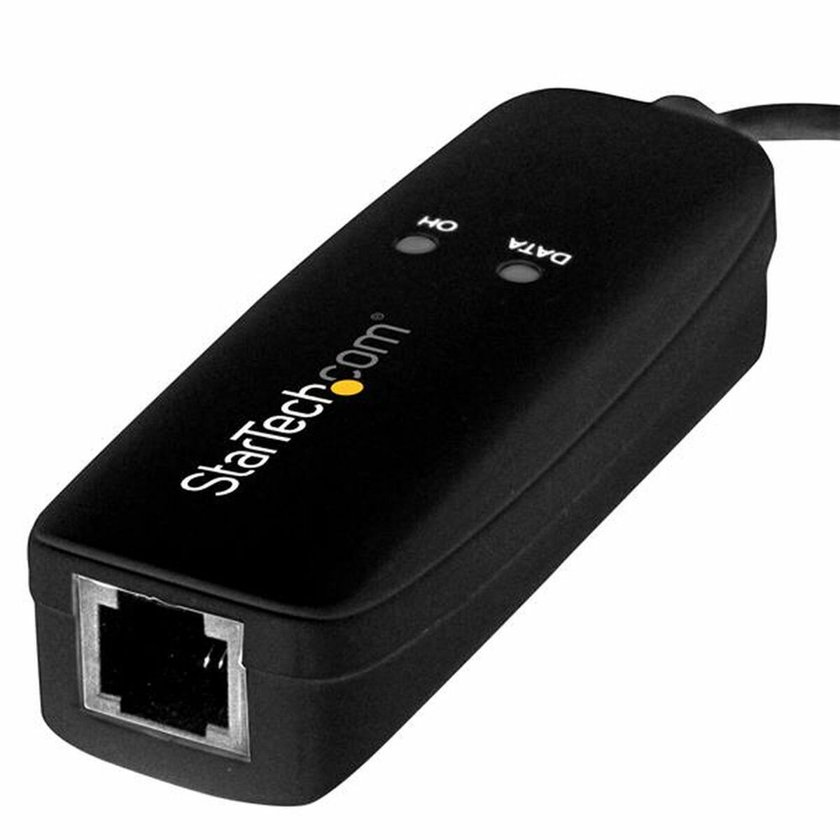 Ein schwarzer StarTech.com Adapter mit RJ45-Anschluss und zwei LEDs.