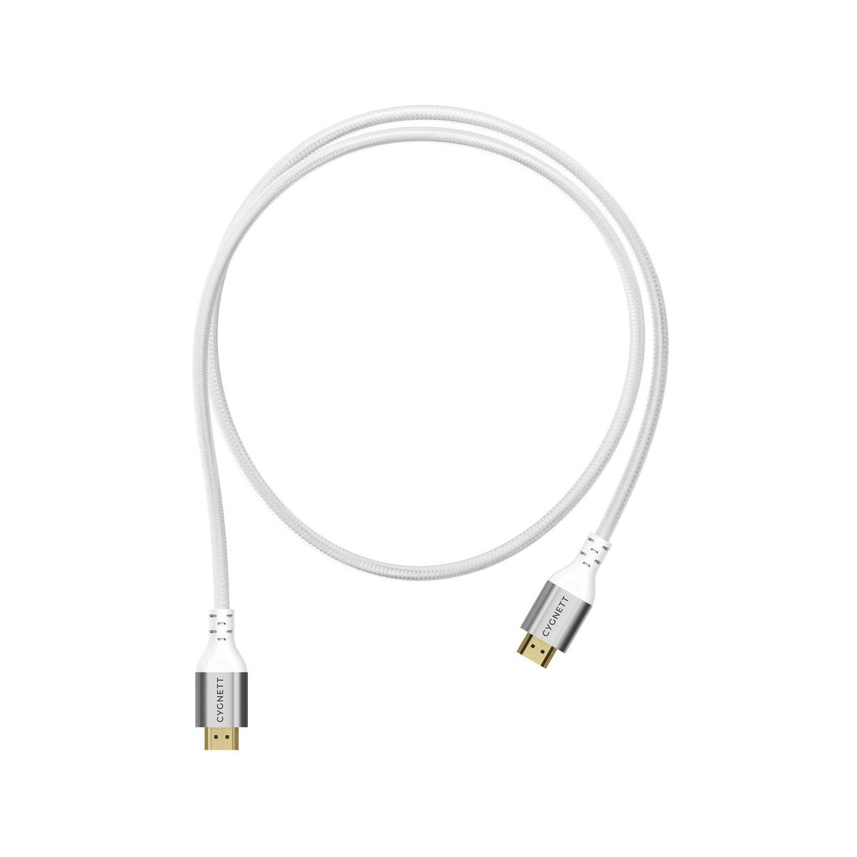 Ein weißes HDMI-Kabel mit silbernen Anschlüssen, liegt auf weißem Hintergrund.