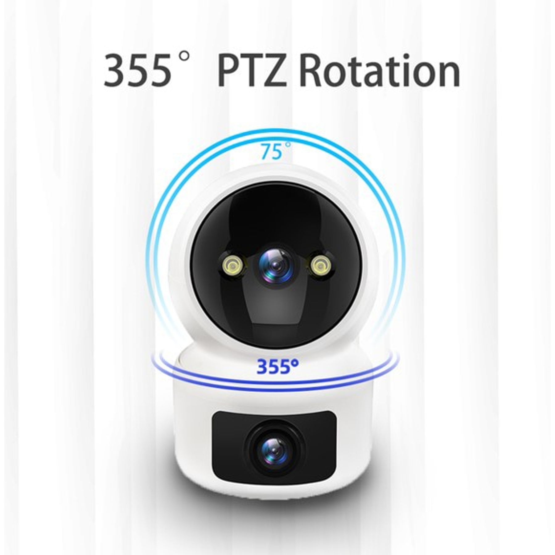 Weiße PTZ-Kamera mit 355° horizontaler und 75° vertikaler Drehung.