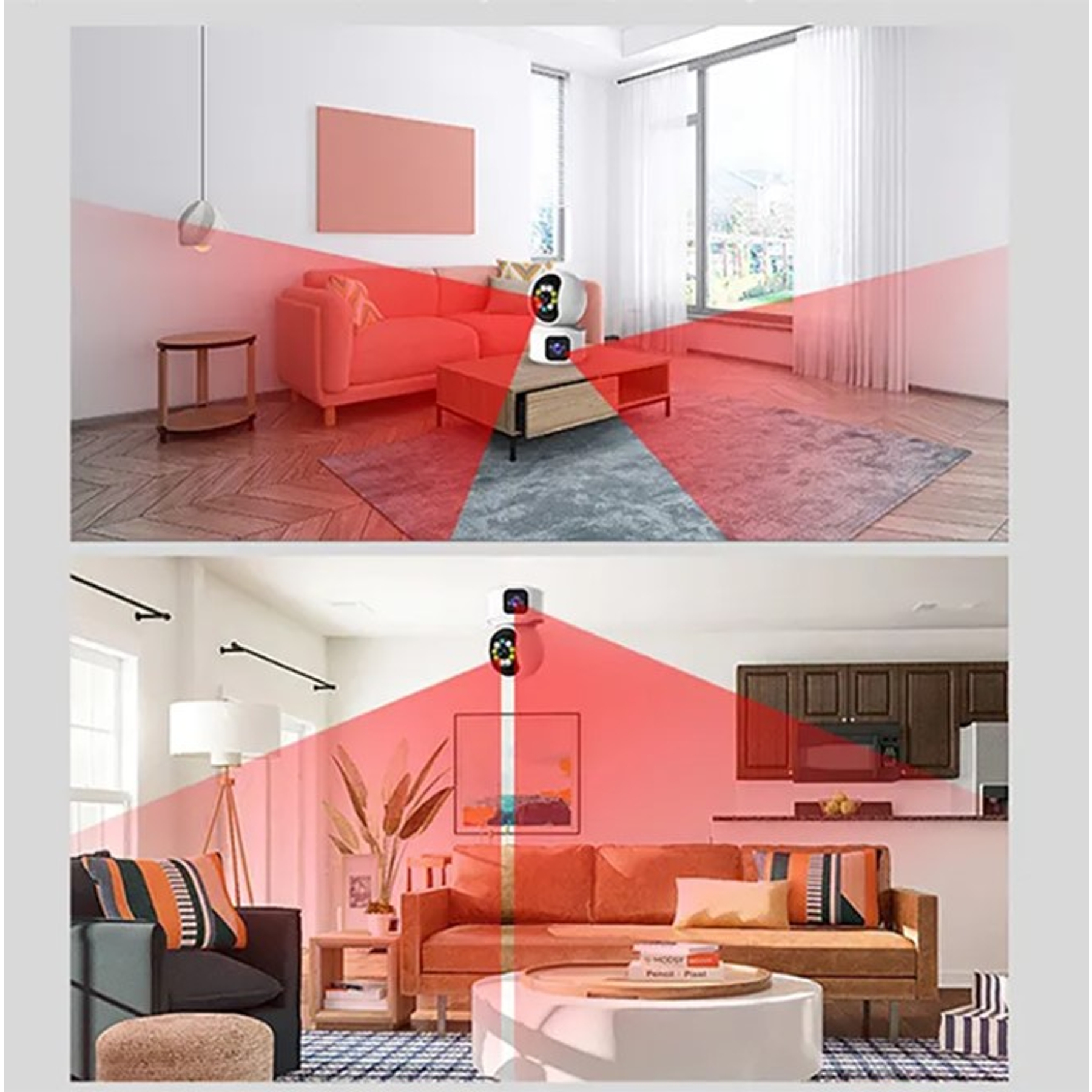 Zwei Wohnzimmer-Szenen mit Überwachungskameras, die rote Sichtfelder anzeigen.