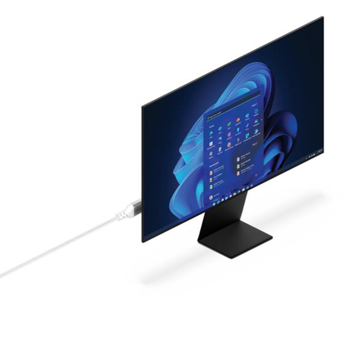 Ein schwarzer Monitor mit Windows 11-Hintergrund und angeschlossenem Kabel auf weißem Grund.