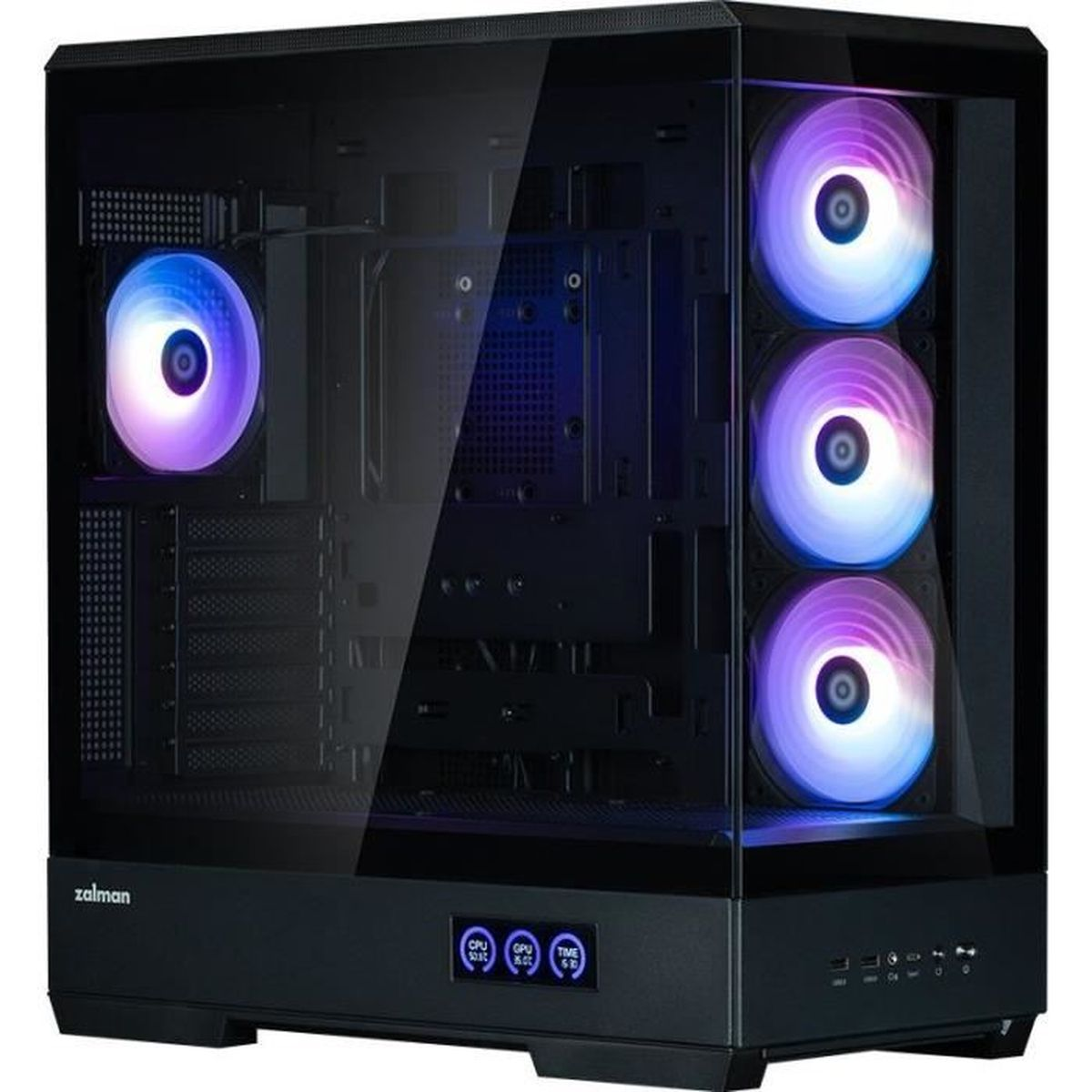 Schwarzes PC-Gehäuse mit Glasfront und beleuchteten Lüftern.