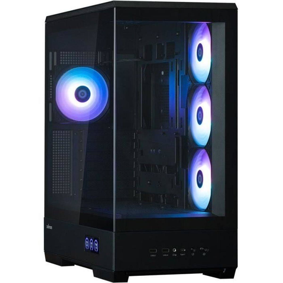 Schwarzes PC-Gehäuse mit RGB-Lüftern und Glasfront.