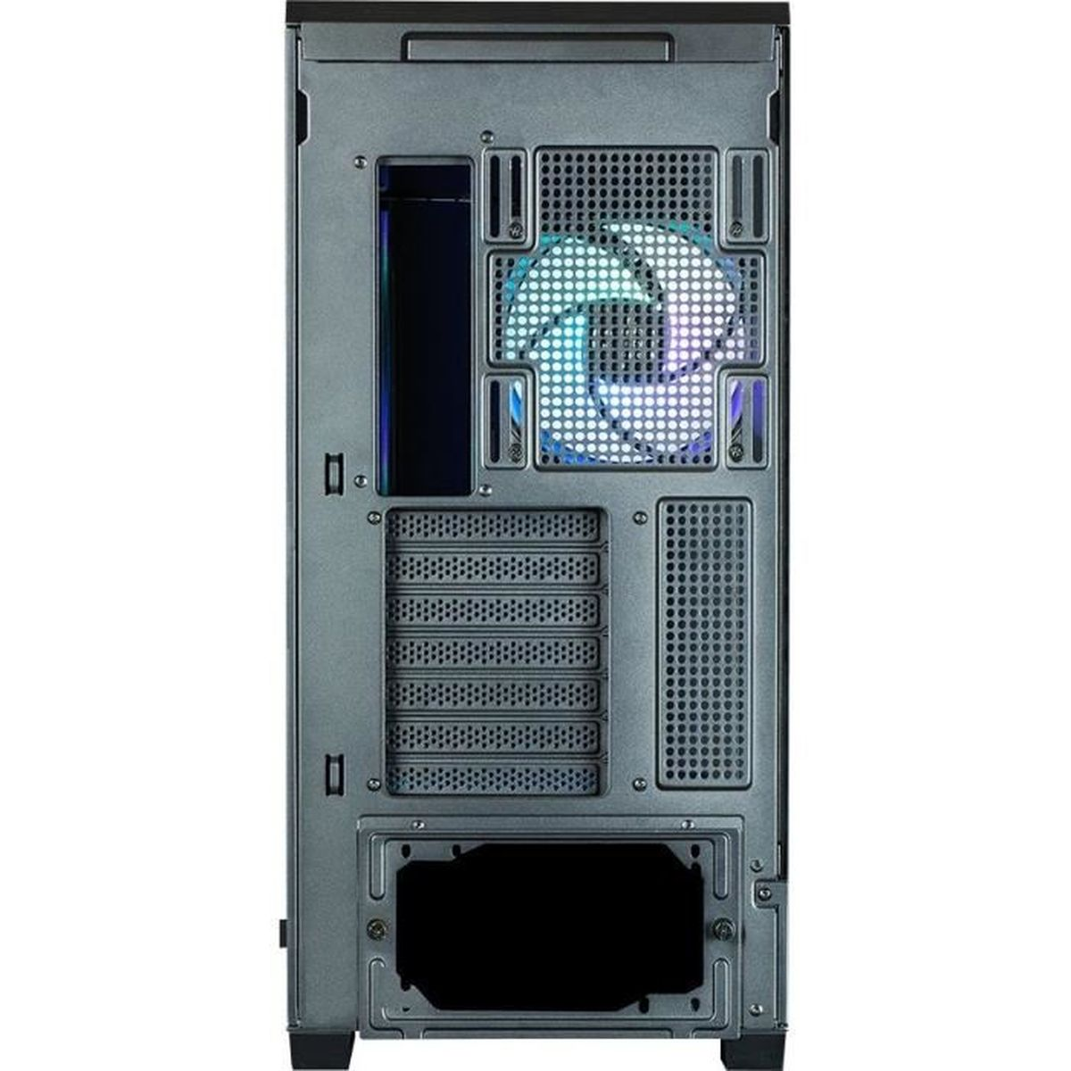 Rückseite eines schwarzen PC-Gehäuses mit Lüfter, Erweiterungssteckplätzen und Anschlüssen.