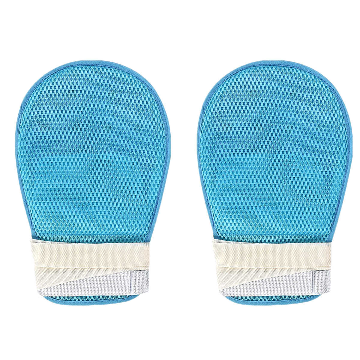 Zwei hellblaue Mesh-Waschhandschuhe mit weißen Gummibändern am Handgelenk.