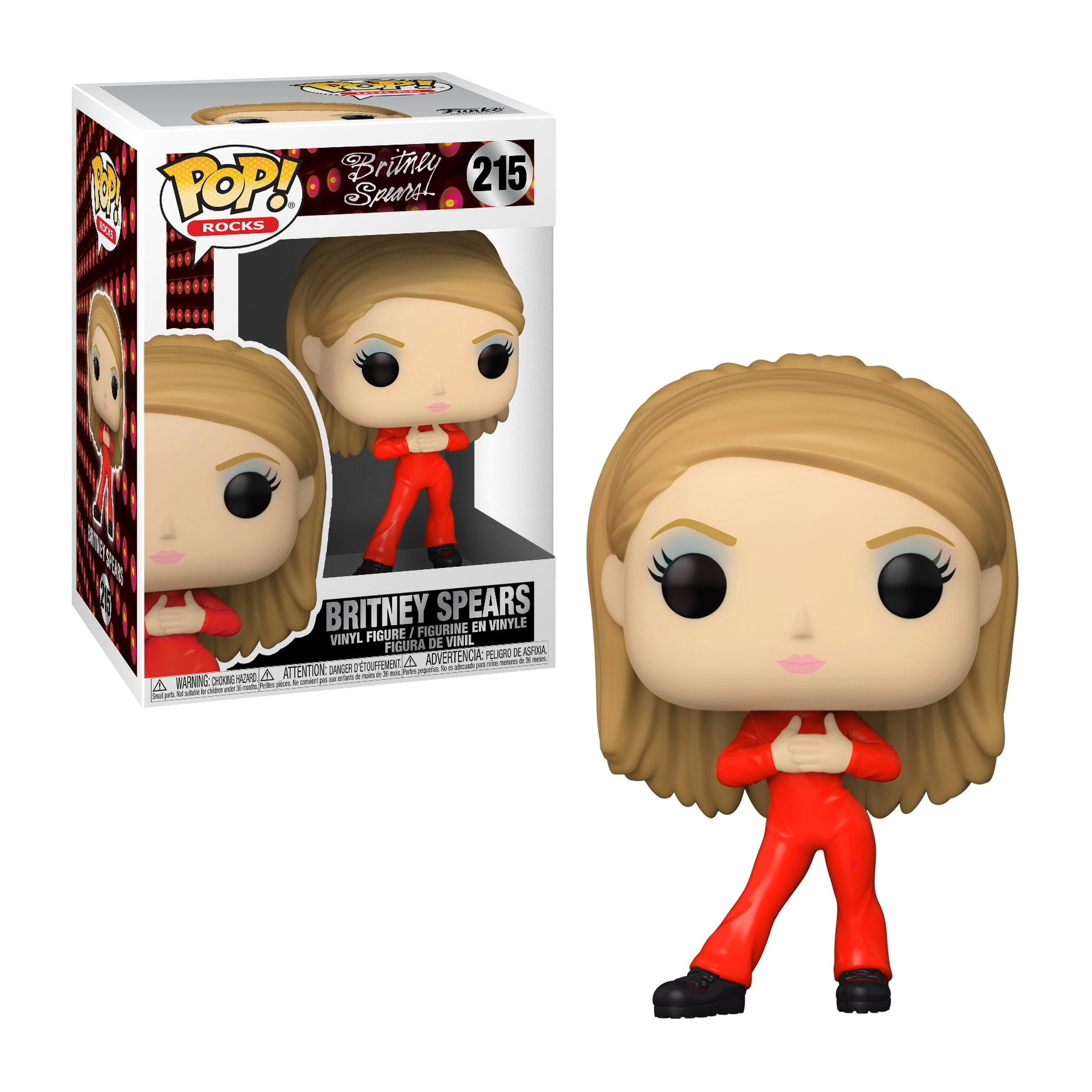 Britney Spears Pop!-Figur in rotem Anzug neben der Verpackung.