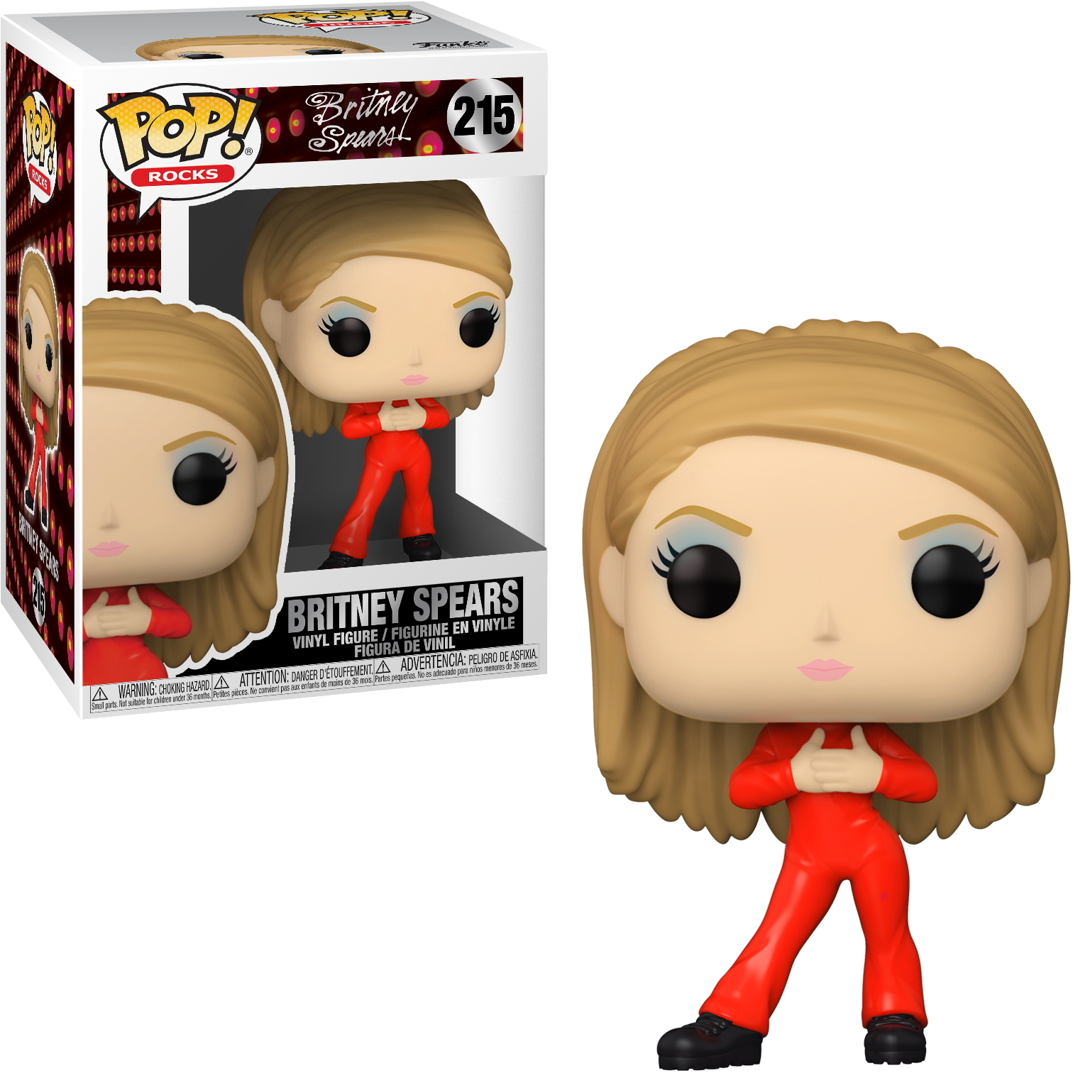 Britney Spears Funko Pop Figur in rotem Anzug, mit blonden Haaren.