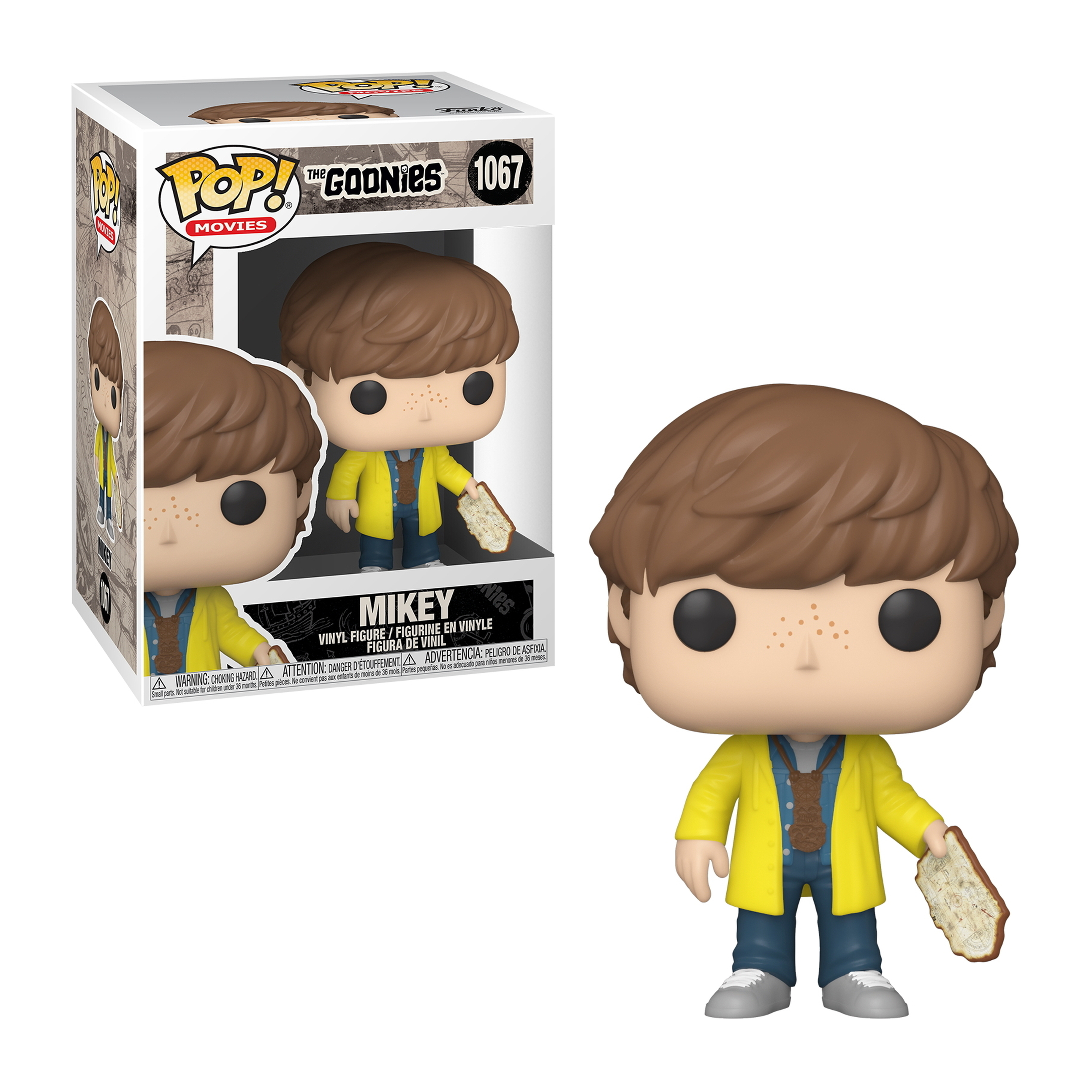Ein Funko Pop Mikey von The Goonies Figur mit Karte in der Hand.