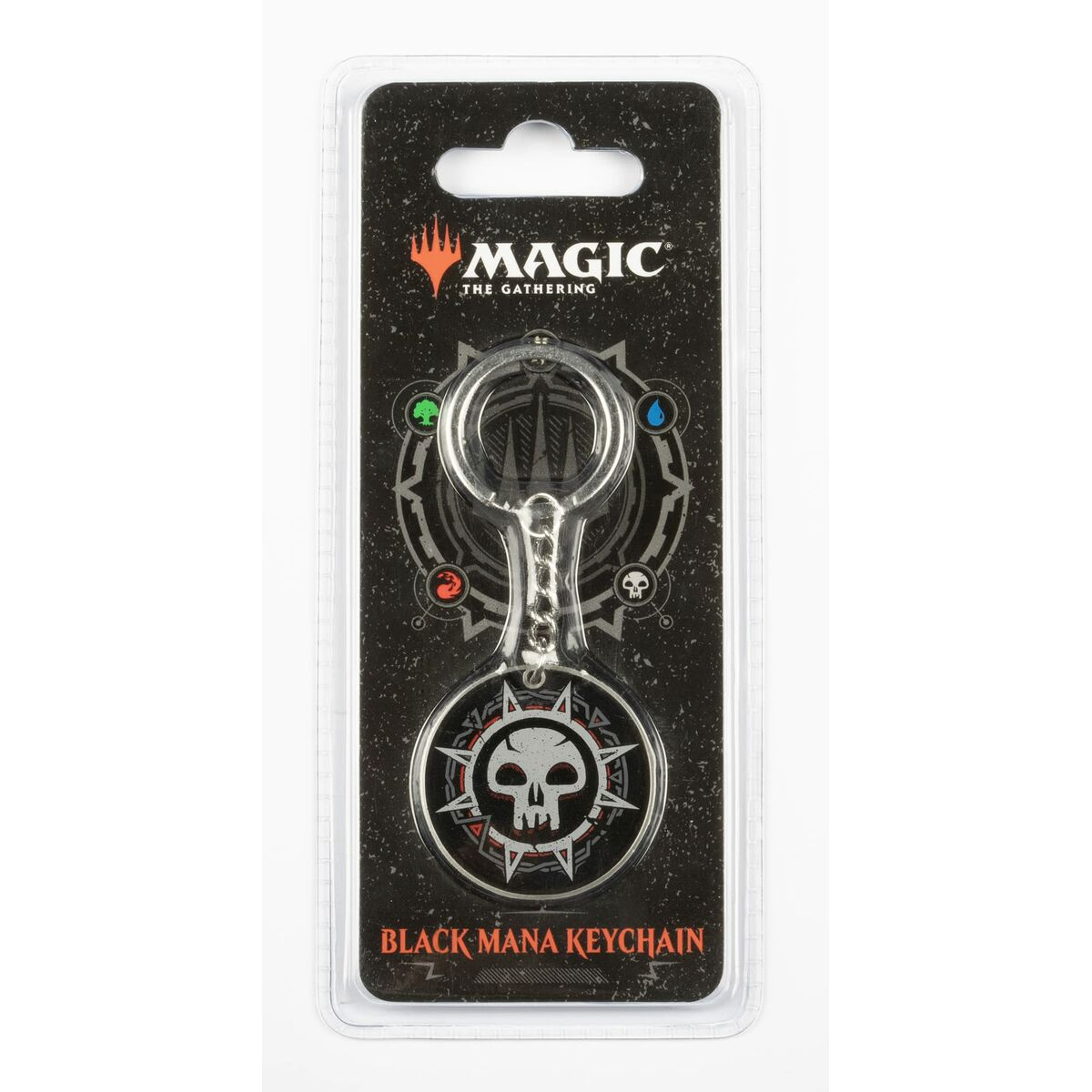 Schwarzer Mana-Schlüsselanhänger mit Totenkopf-Symbol, verpackt.