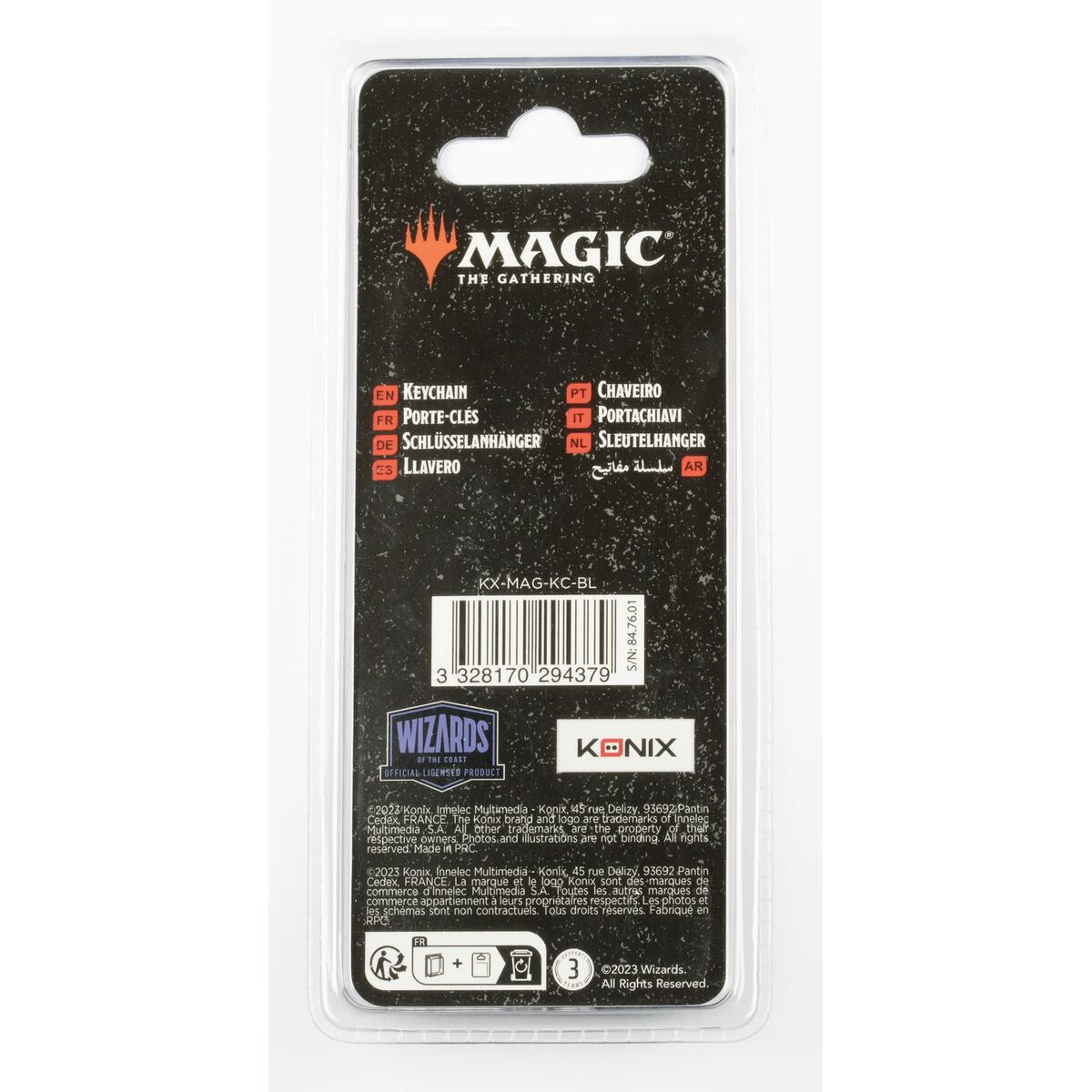 Magic: The Gathering Schlüsselanhänger-Verpackung mit mehrsprachigen Bezeichnungen.