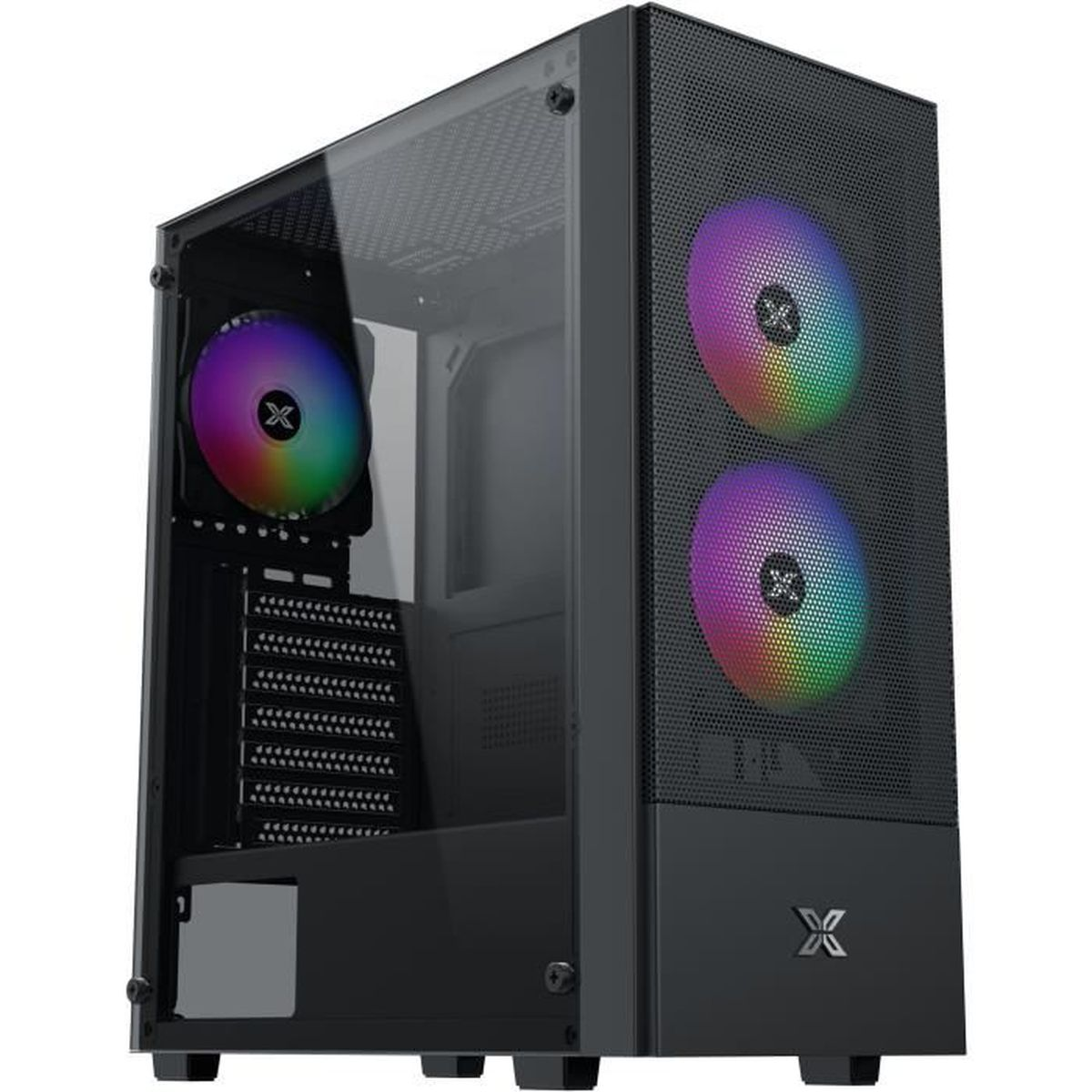 Case PC nero con pannello in vetro e ventole RGB.