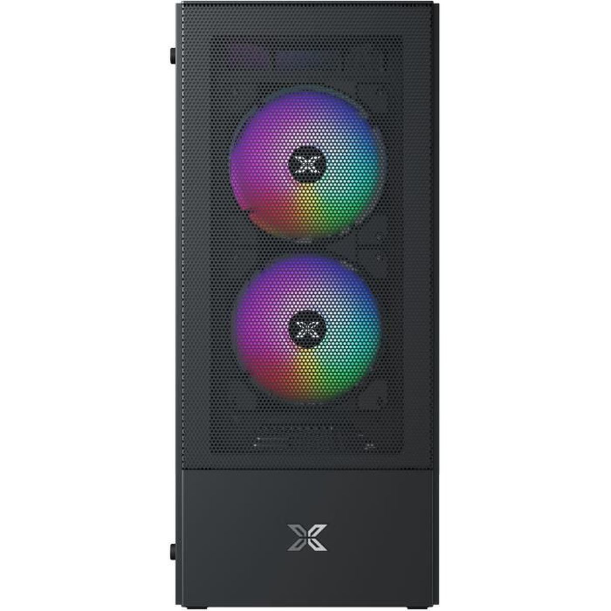 Case PC nero con due ventole illuminate e un logo a X.