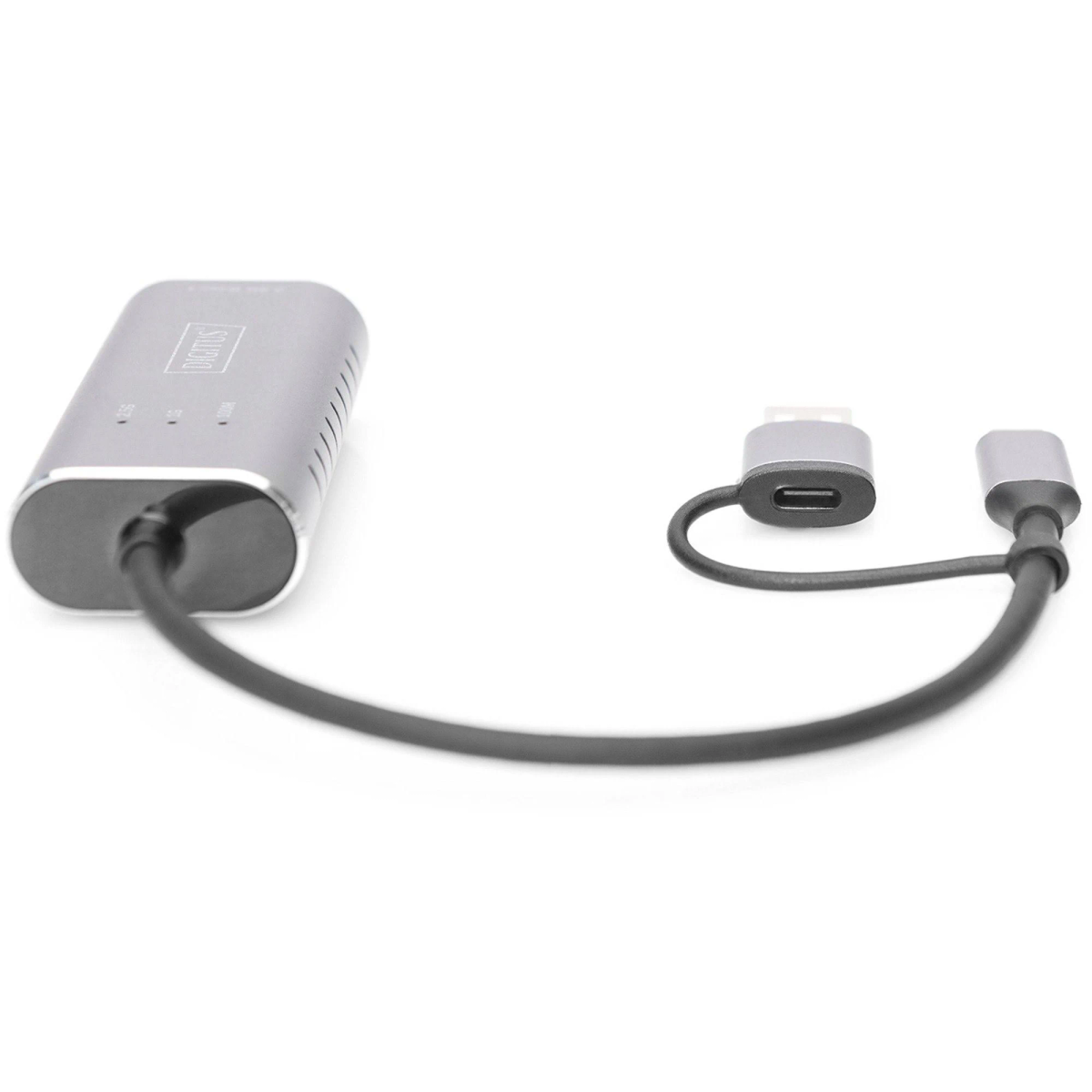 Ein grauer USB-C-Adapter mit Kabeln und Anschlüssen, auf weißem Hintergrund.