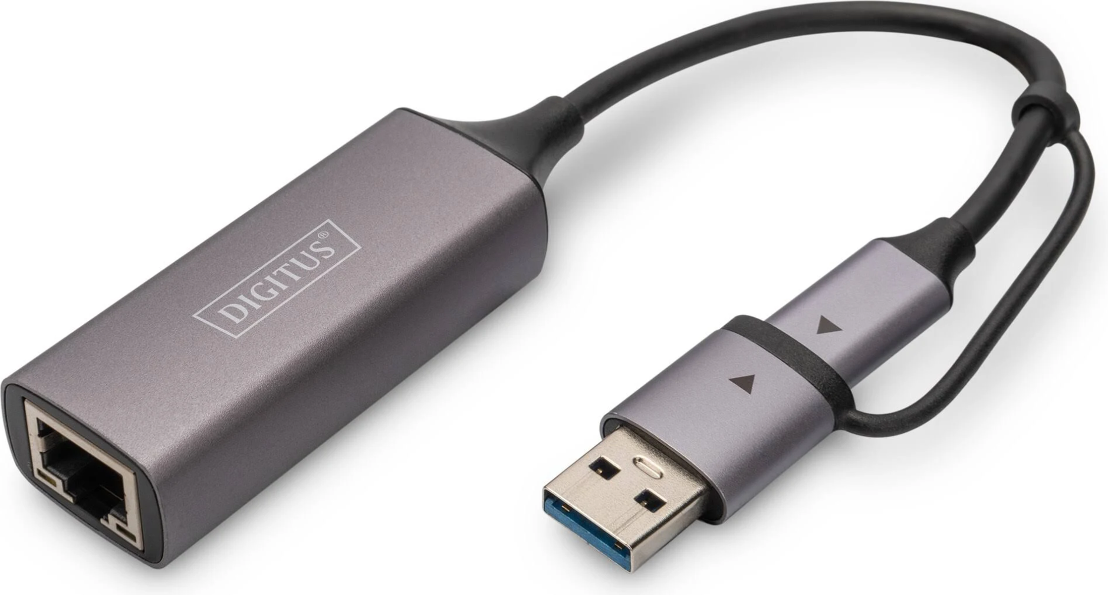Grauer DigitUS USB-auf-Ethernet-Adapter mit schwarzem Kabel und USB-Stecker.