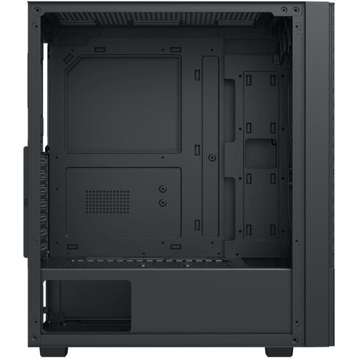 Case per computer nero con pannello laterale aperto, mostra componenti interni.