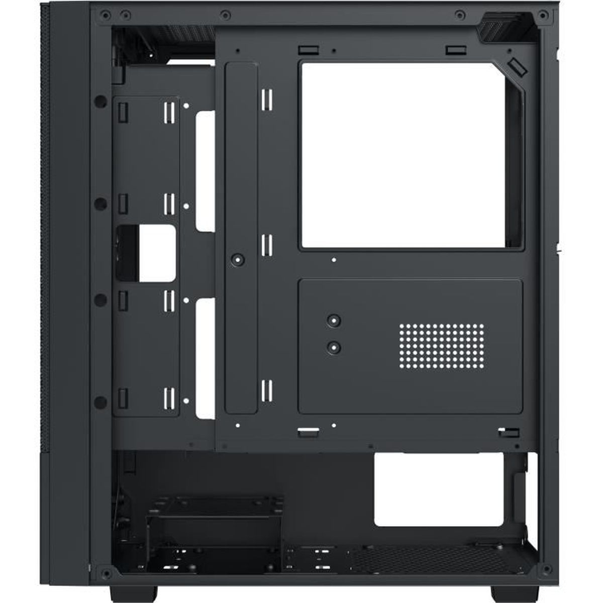Case del computer nero con pannello laterale aperto, che mostra i supporti interni dei componenti.
