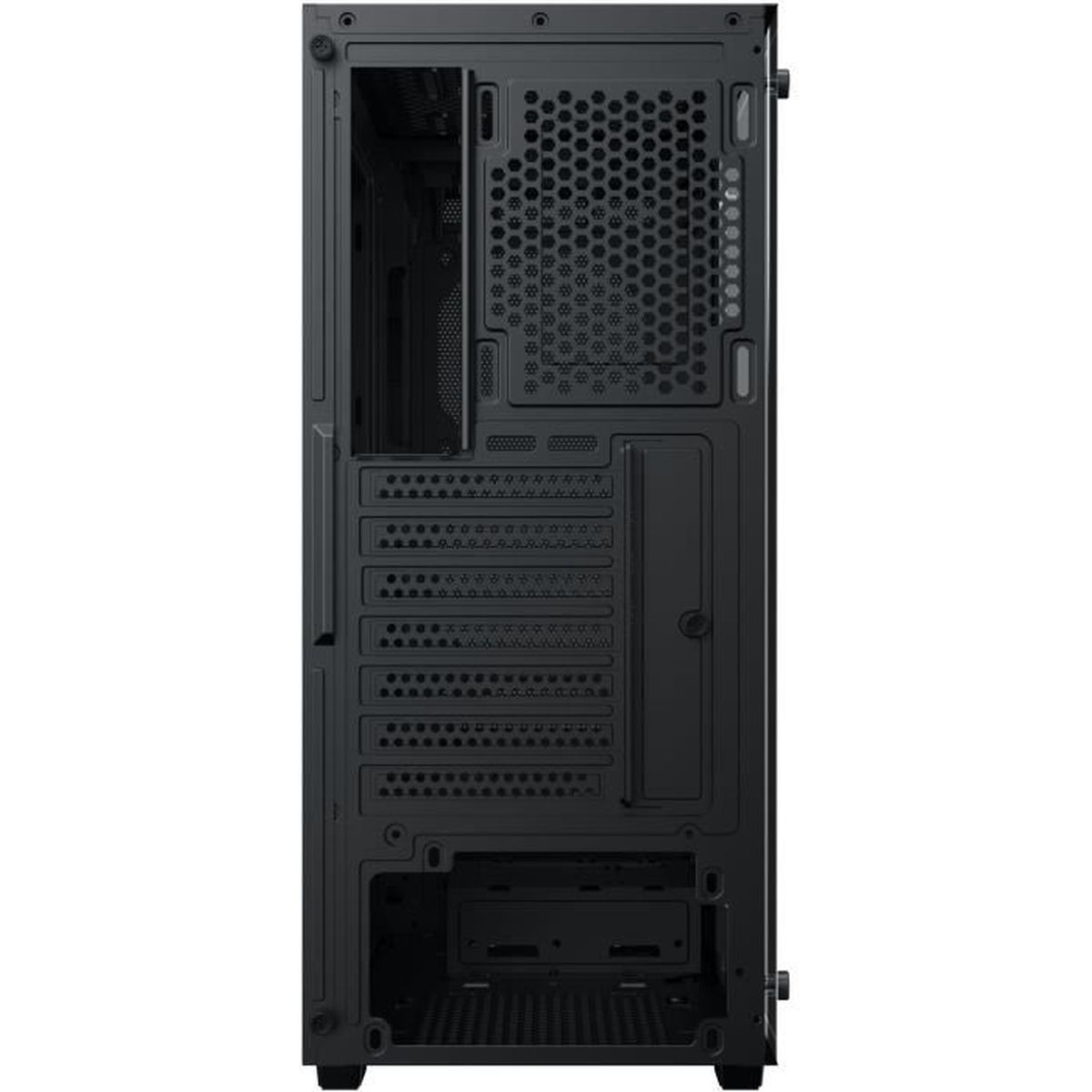 Vista posteriore di un case per computer nero con prese d'aria e porte.