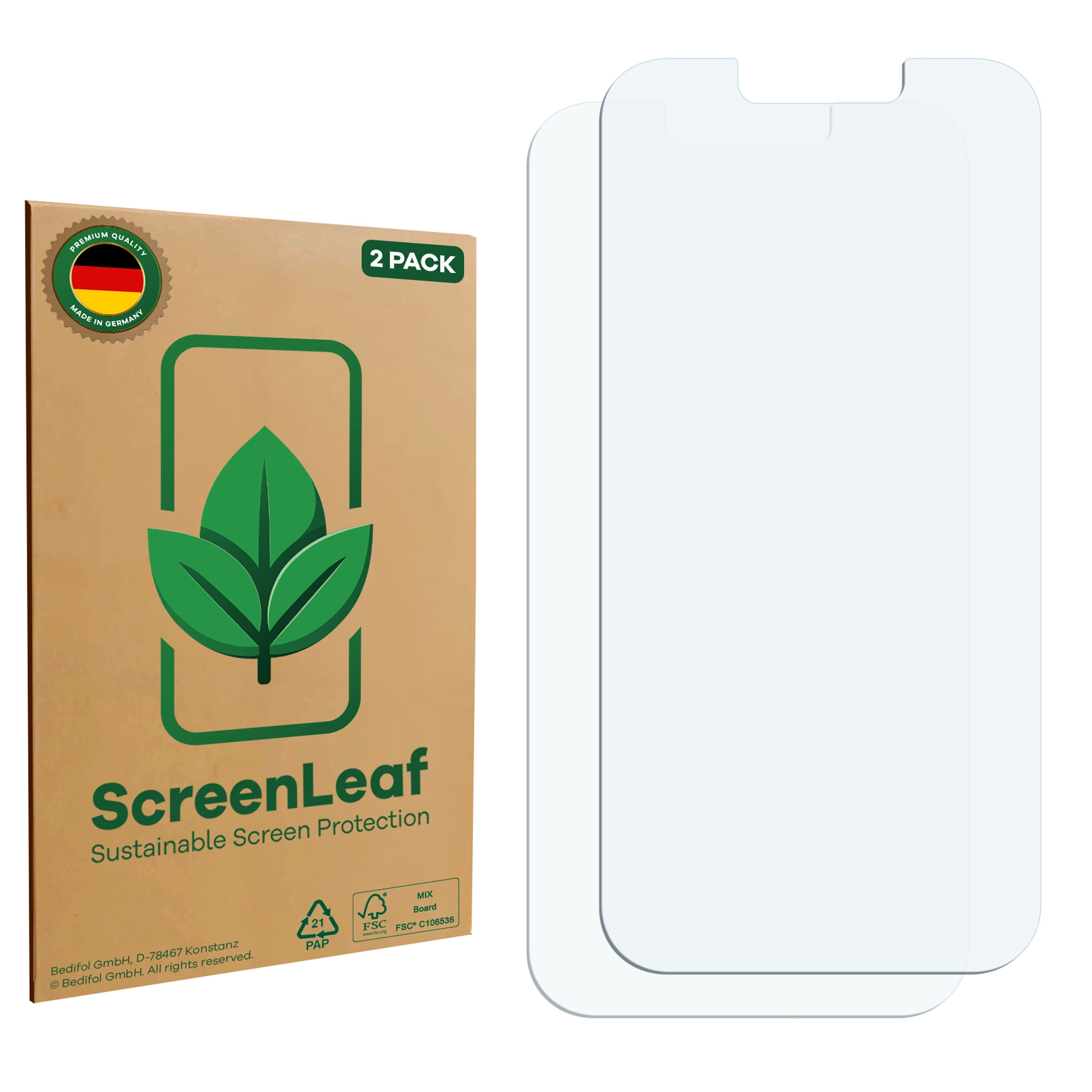 Zwei Bildschirmschutzfolien in einer Packung neben einer Pappschachtel mit Logo.