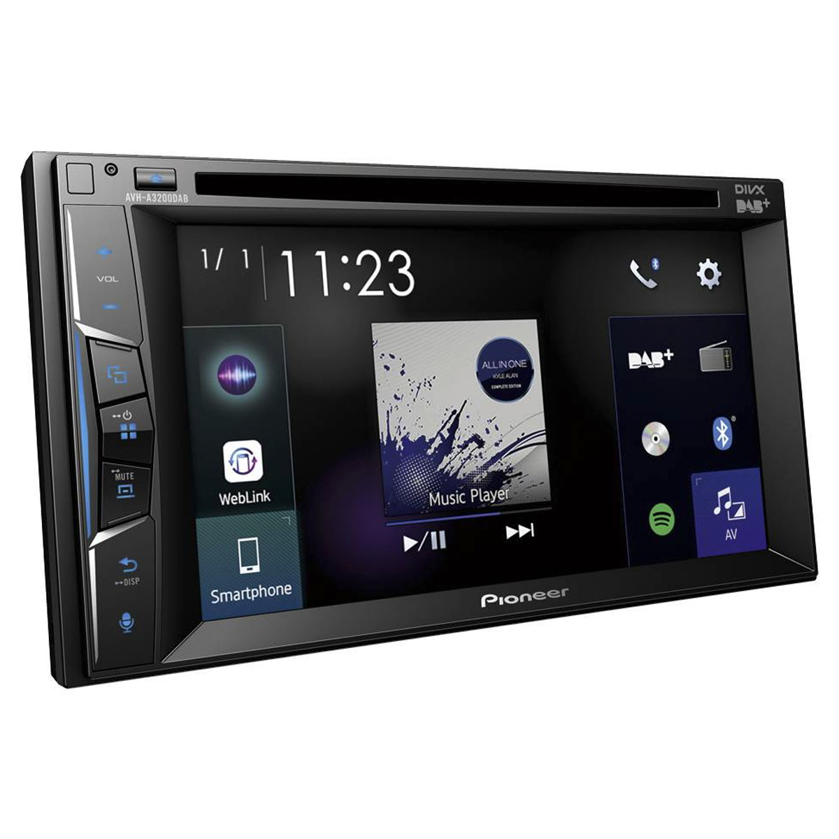 Ein Pioneer Autoradio-Bildschirm zeigt 11:23 Uhr, Musikplayer, WebLink und Smartphone-Apps.